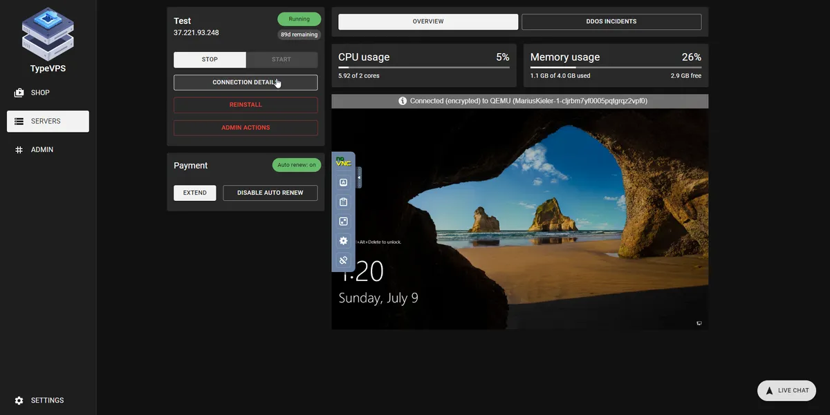 Screenshot of TypeVPS - VPS hosting as a service
